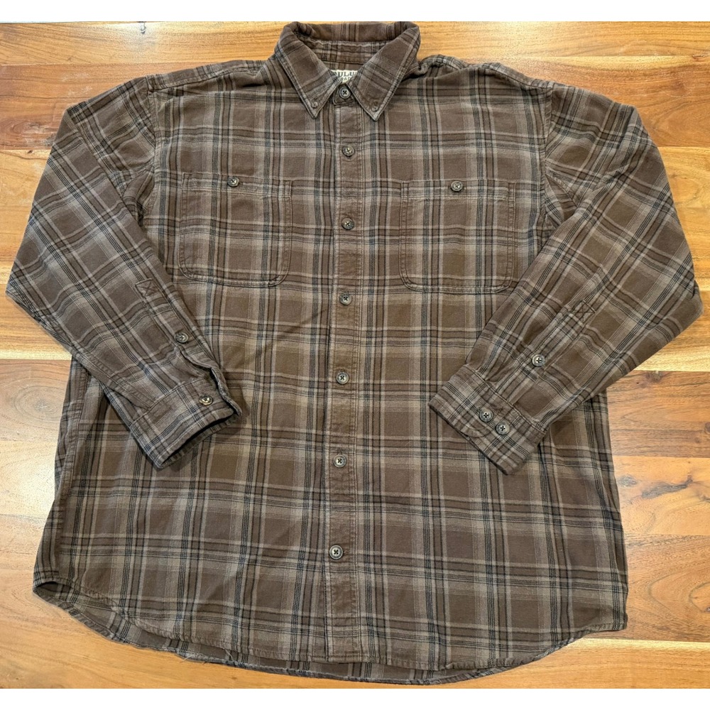 Duluth Trading Co Mens XL Brown Plaid Button Down Shirt 100% Cotton Long Sleeve